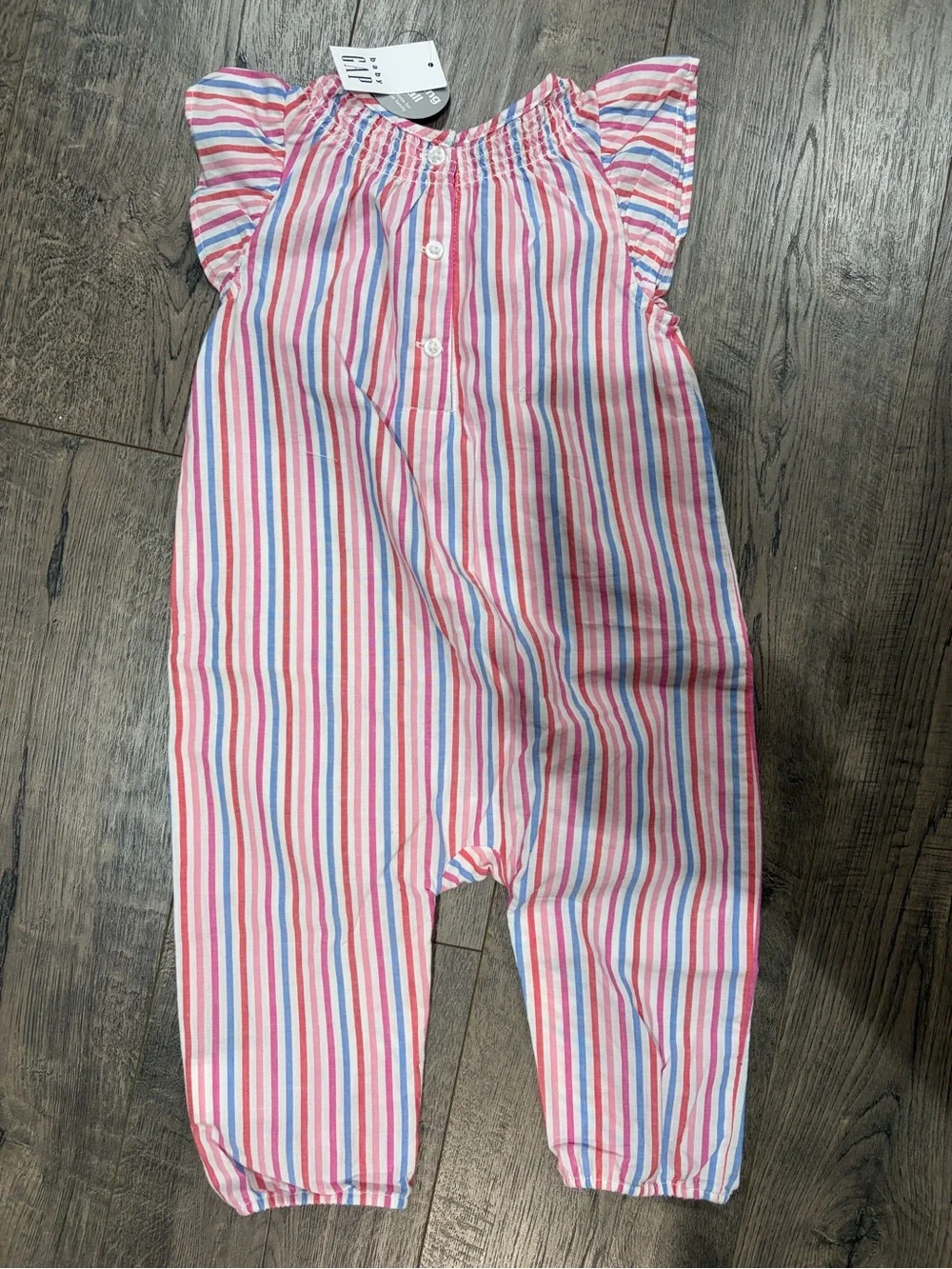 GAP Pink, Blue & White Striped Girls Romper with Flutter Sleeves